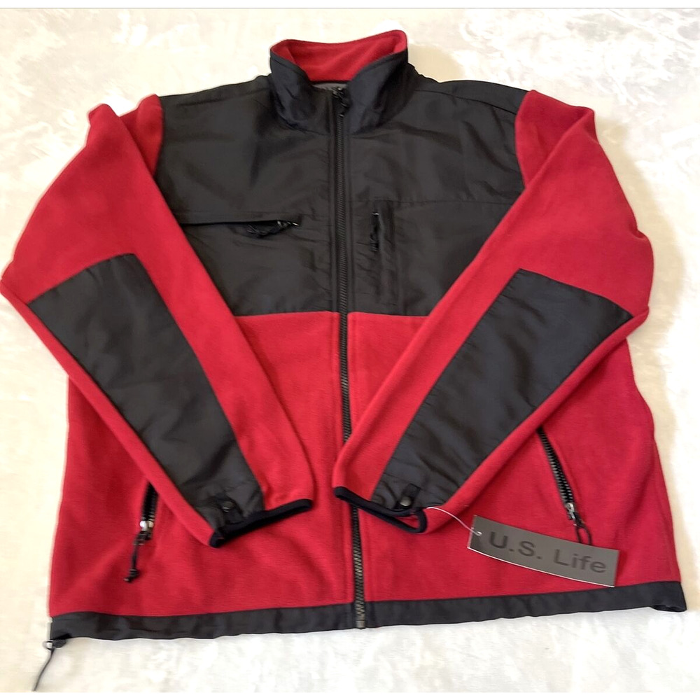 US Life Mens Zip Up Fleece Jacket Size XL Red/Black Pockets NWT